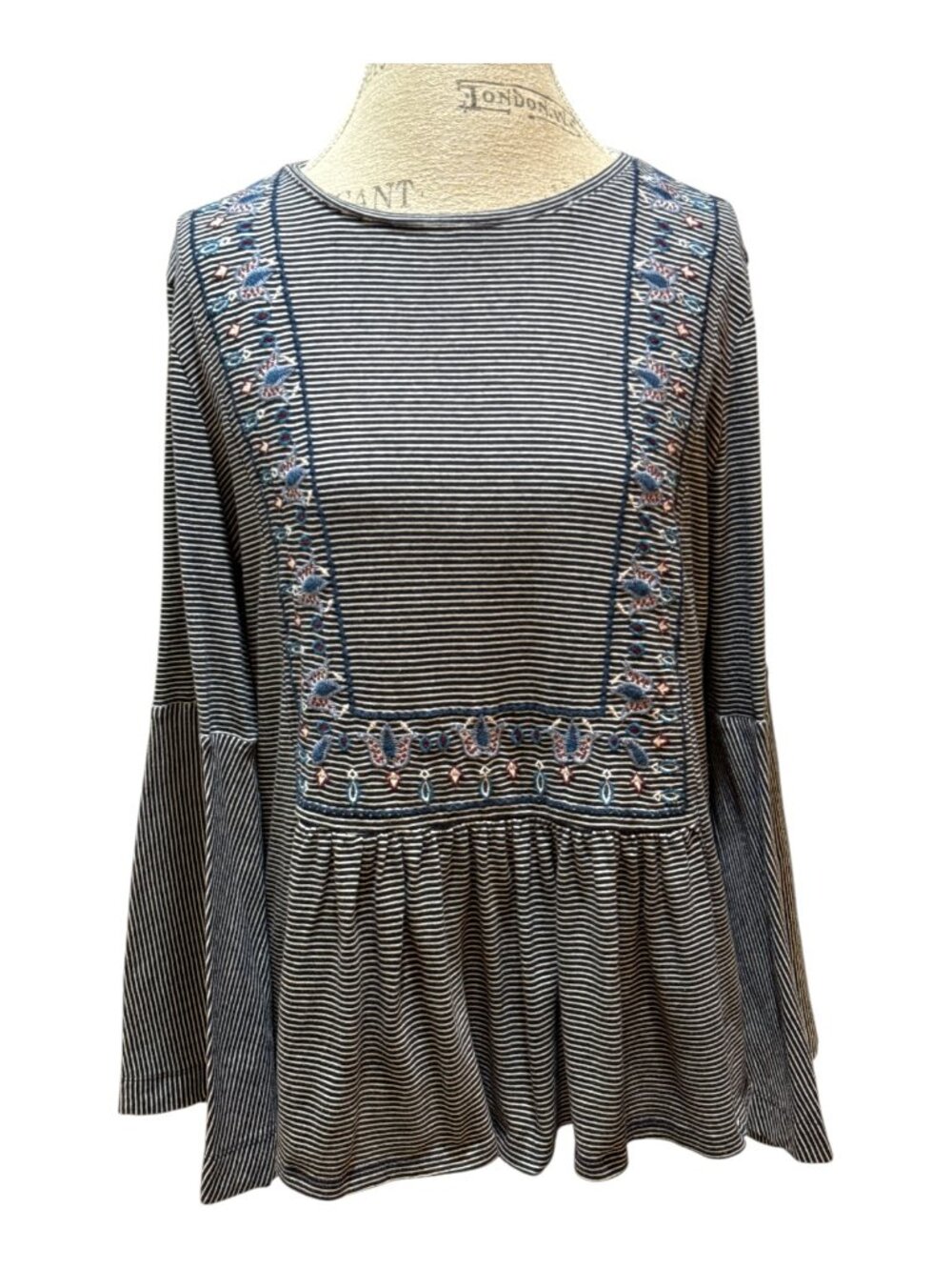 Loft Sz L Blue & White Stripe Embroidered Bell Sleeve Boho Tunic Top